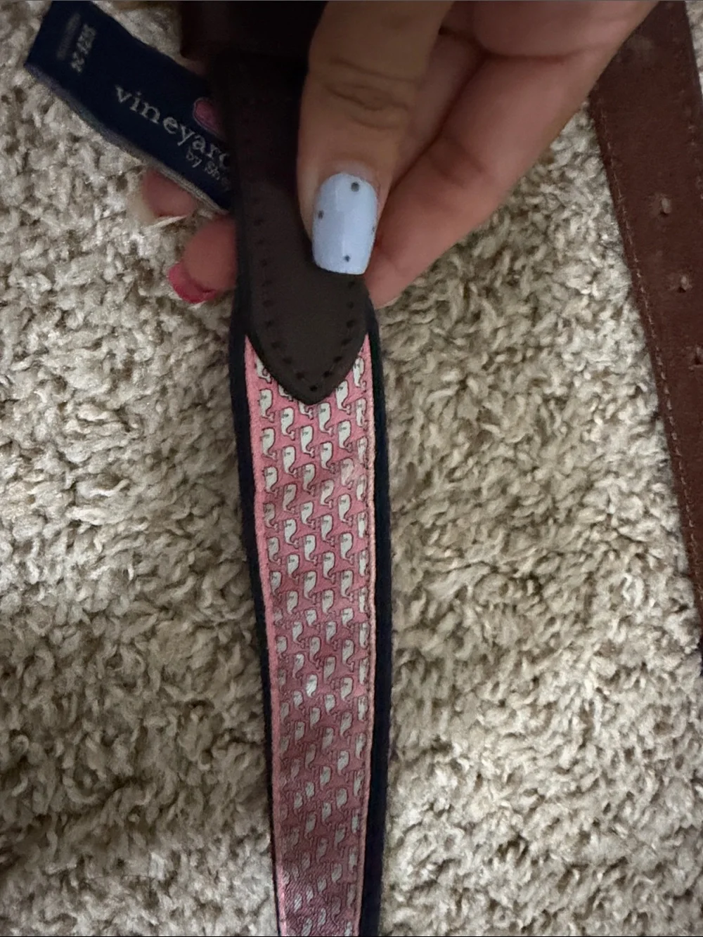 Vineyard Vines Pink Patterned Web Belt with Brown Leather Trim
